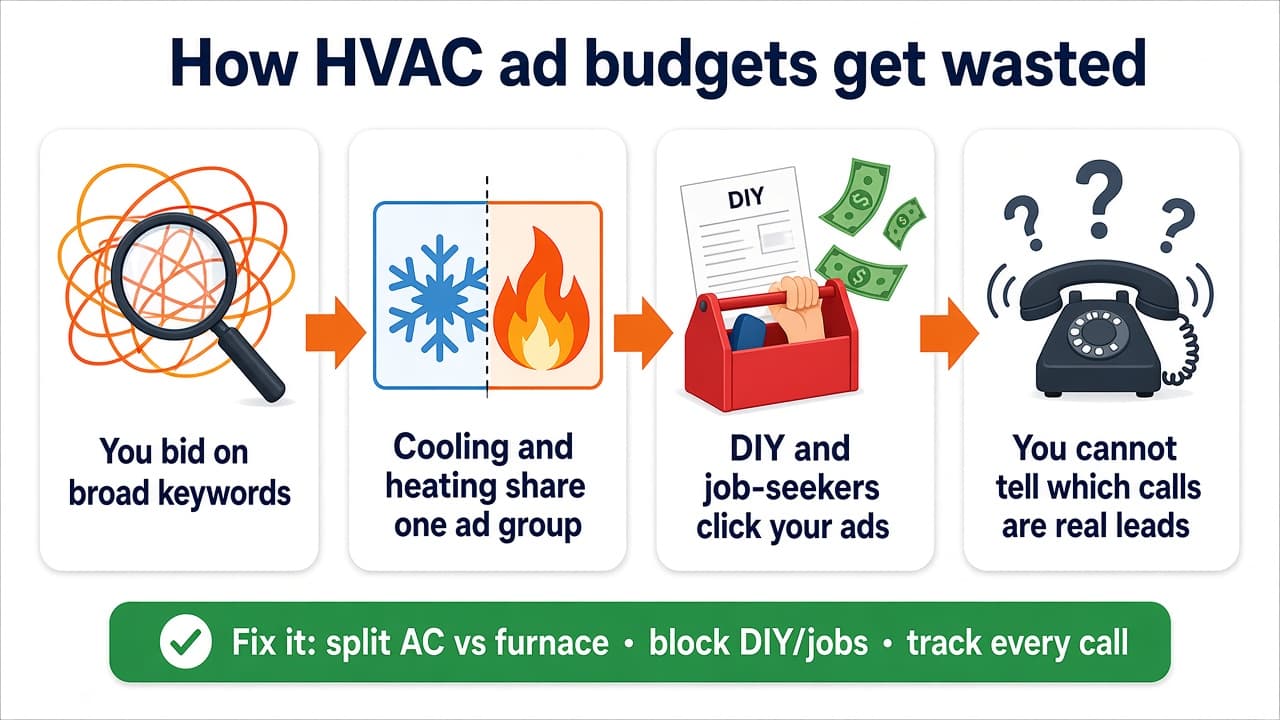 How HVAC ad budgets get wasted in Austin. 1. You bid on broad keywords 2. Cooling and heating share one ad group 3. DIY and job-seekers click your ads 4. You cannot tell which calls are real leads Fix it: split AC vs furnace · block DIY/jobs · track every call